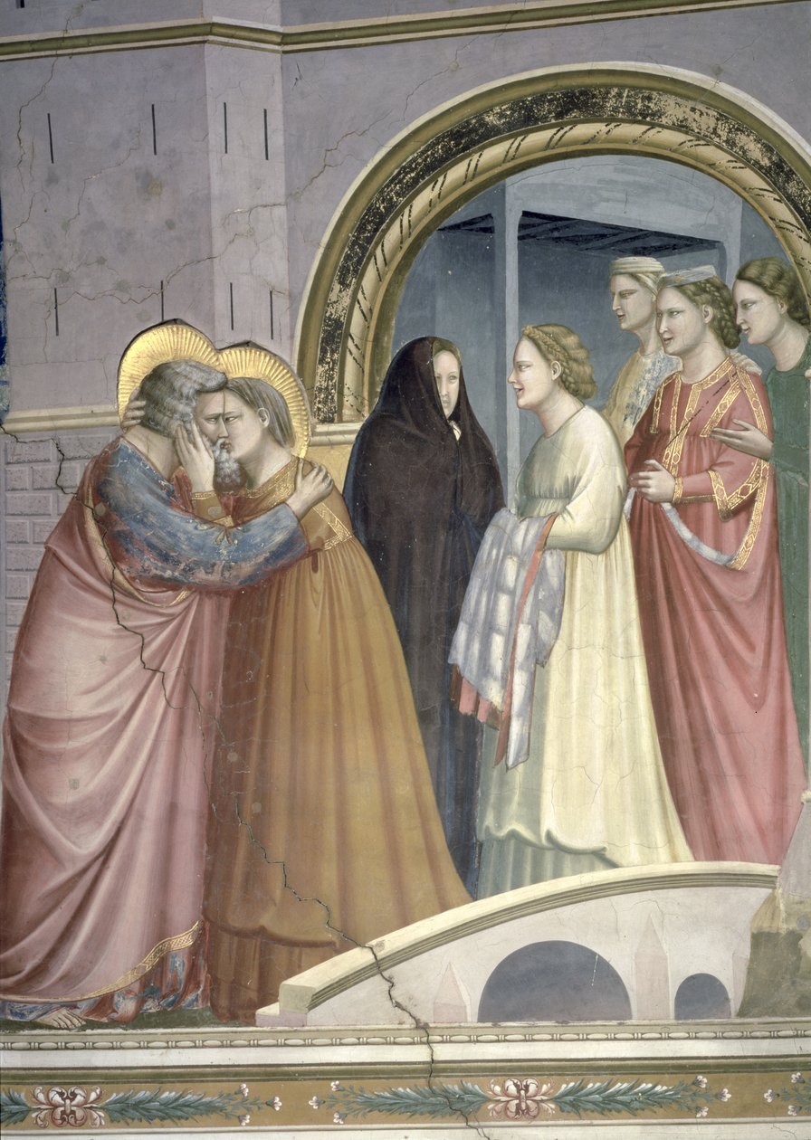 A reunião no Golden Gate, detalhe de Joachim e St. Anne abraçando, c.1305 detalhe afresco de 65216 de Giotto di Bondone