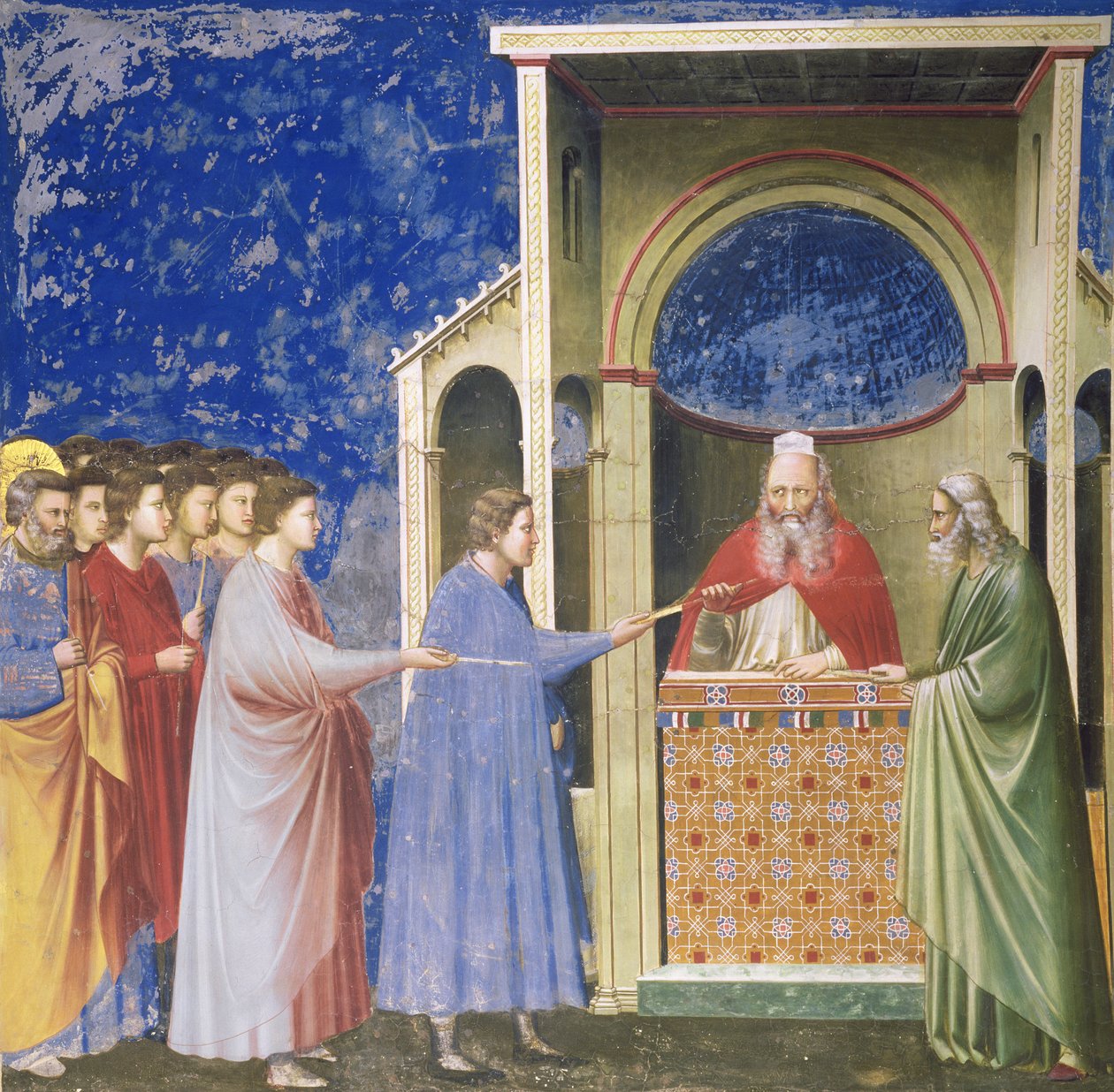 Os pretendentes da Virgem apresentando suas varas no templo, c.1305 de Giotto di Bondone