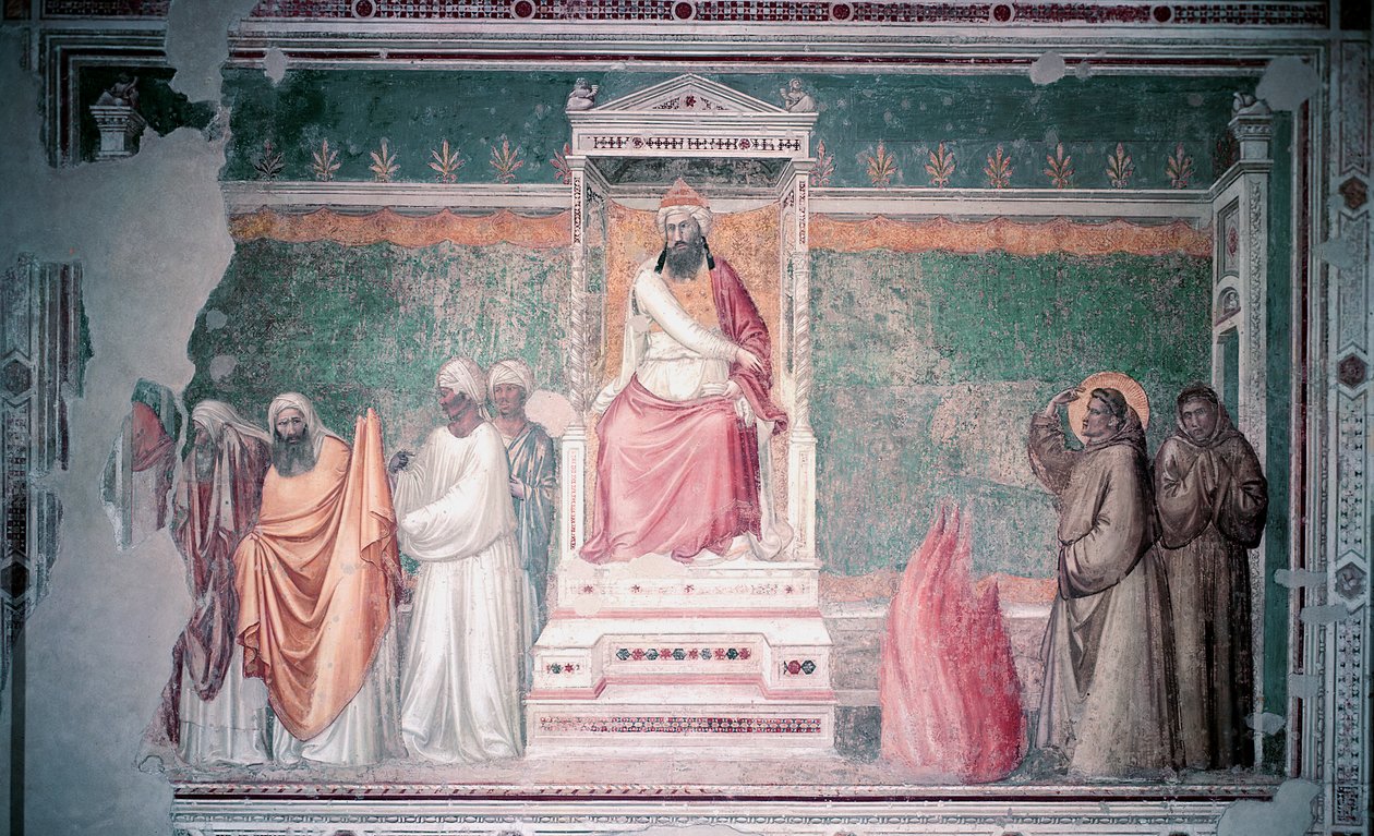 Julgamento pelo fogo de São Francisco de Assis diante do sultão do Egito, da Capela Bardi, c.1320 de Giotto di Bondone
