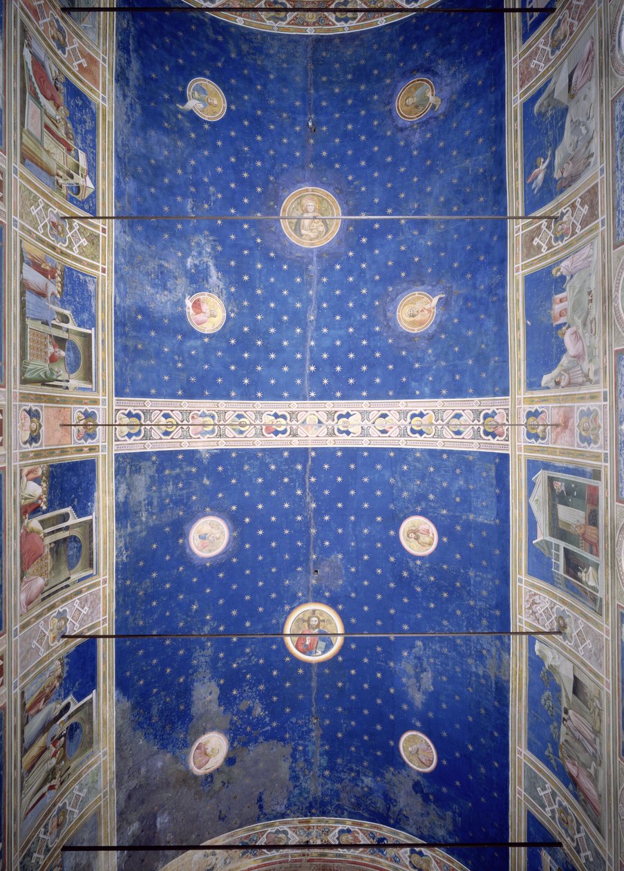 Vista da abóbada do teto com medalhões representando Cristo, Madonna e criança e os doutores da Igreja, c.1305 de Giotto di Bondone