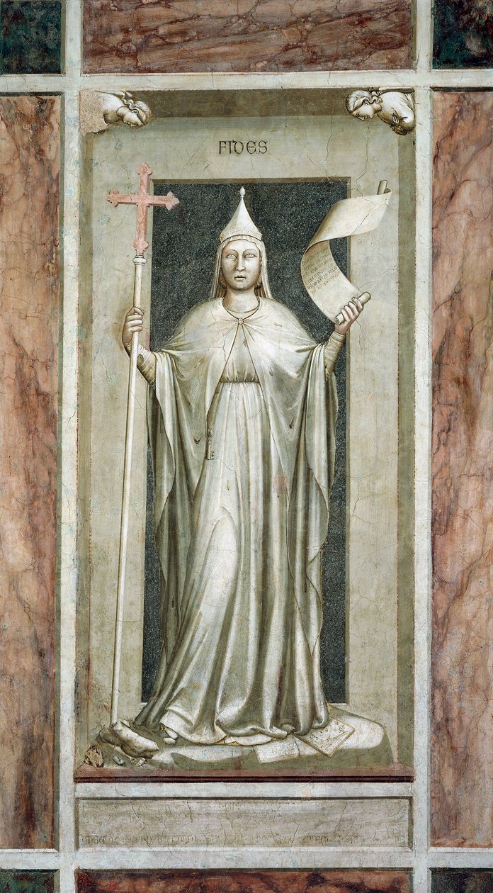 Fé, figura feminina segurando a Cruz e um pergaminho com o símbolo da Verdade Revelada, enquanto destrói um ídolo e está sobre os símbolos da Cabala, de Giotto, ciclo de afrescos Os vícios e as virtudes, após restauração, Capela Scrovegni, Pádua, Vêneto, I de Giotto (c.1266 1337)