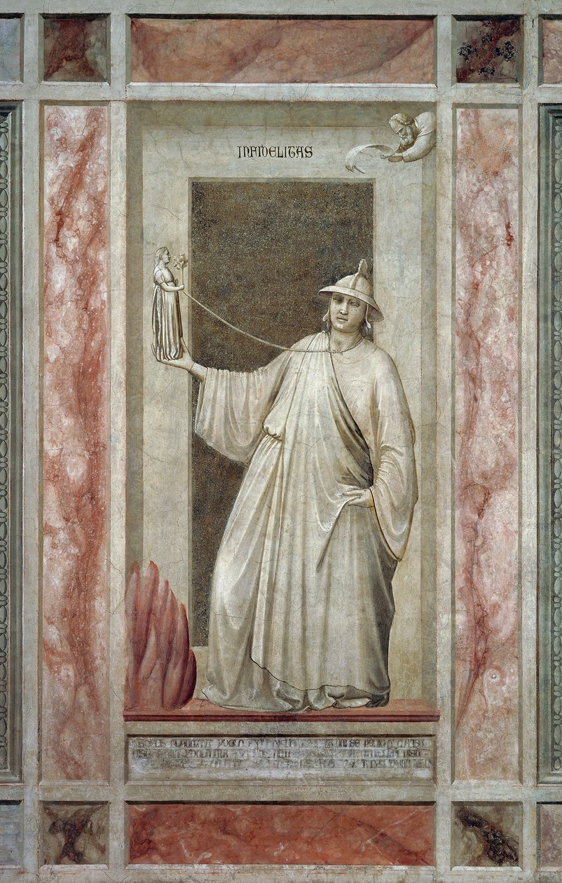 A infiel (também chamada Idolatria), figura masculina que se afasta de Deus e segura um ídolo que o mantém preso ao pescoço, por Giotto, detalhe do ciclo de afrescos Os vícios e as virtudes, após a restauração, Capela Scrovegni, Pádua, Vêneto, Itália. de Giotto (c.1266 1337)