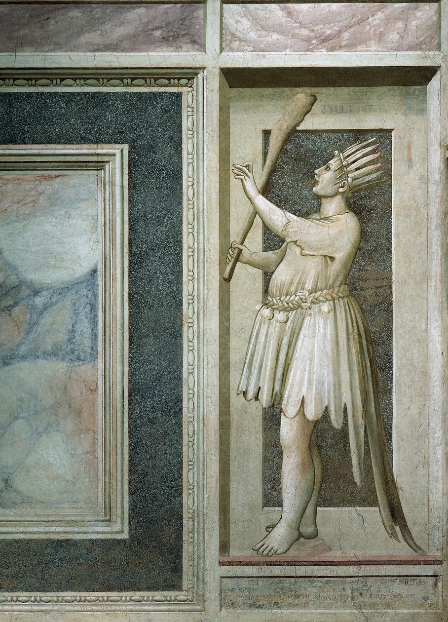 Loucura, figura masculina com boca fechada por um cadeado, taco na mão direita, cabeça coberta de penas e cauda de pavão, de Giotto, detalhe do ciclo de afrescos Os vícios e as virtudes, após restauração em 2002, Capela Scrovegni, Pádua, Vêneto, Itália. de Giotto (c.1266 1337)