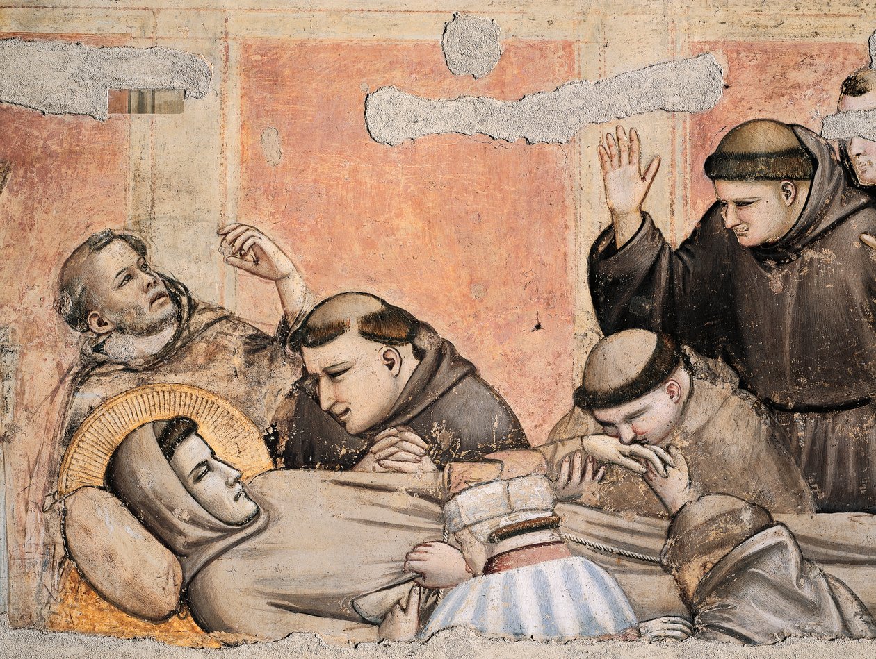 Itália, Florença, Basílica de Santa Cruz, Capela Bardi, Morte de São Francisco por Giotto (1267-1337), fresco, Detalhe de Giotto (c.1266 1337)