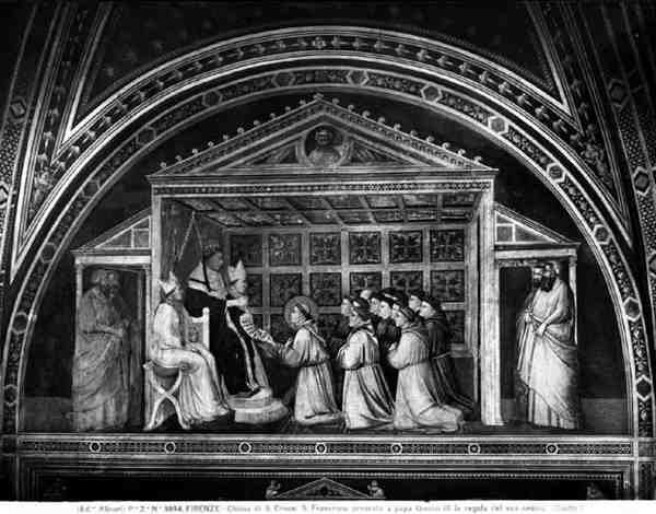 Papa Inocêncio III (1160-1216) Aprovação da Regra (fresco) (foto a p/b) de Giotto (c.1266 1337)