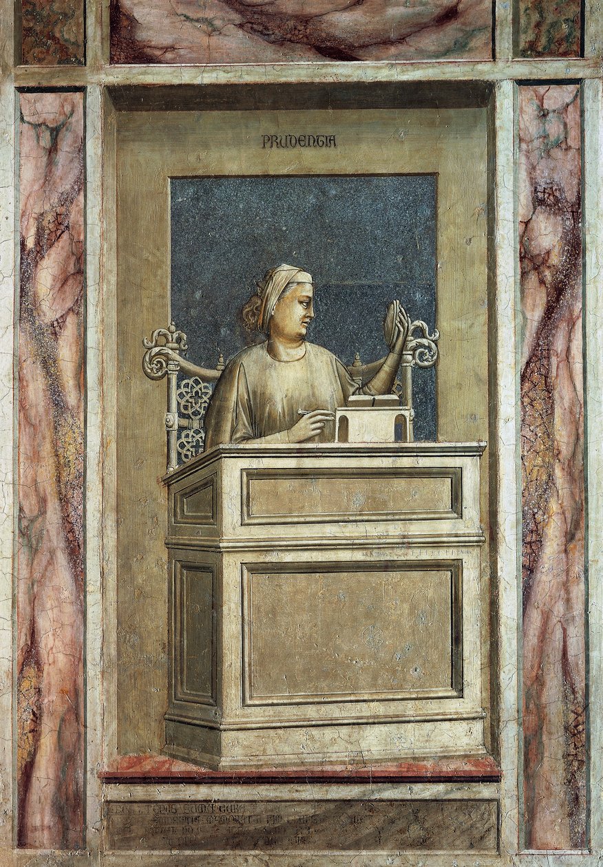 Prudência, figura feminina sentada a uma mesa, olhando o passado para aprender com a experiência e lendo um livro para obter ensinamentos para o futuro, de Giotto, ciclo de afrescos Os vícios e as virtudes, após a restauração, Scrovegni Chapel, Pádua, Vêne de Giotto (c.1266 1337)
