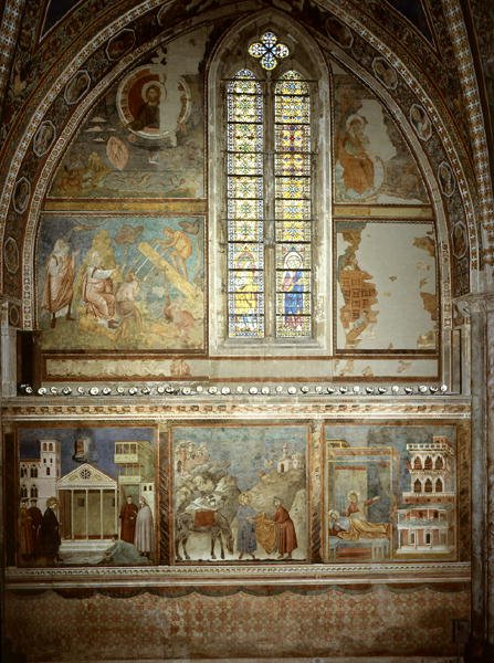 Cenas da Vida de São Francisco: O homem simples honra São Francisco; São Francisco dá o seu casaco ao pobre cavaleiro; São Francisco vê no sonho um palácio cheio de armas de Giotto (c.1266 1337)