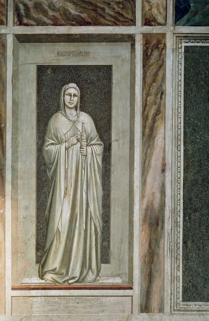 Temperança, figura suave com espada amarrada à sua bainha e uma cabeçada na boca simbolizando o controle das palavras, por Giotto, detalhe do ciclo de afrescos Os vícios e as virtudes de Giotto (c.1266 1337)