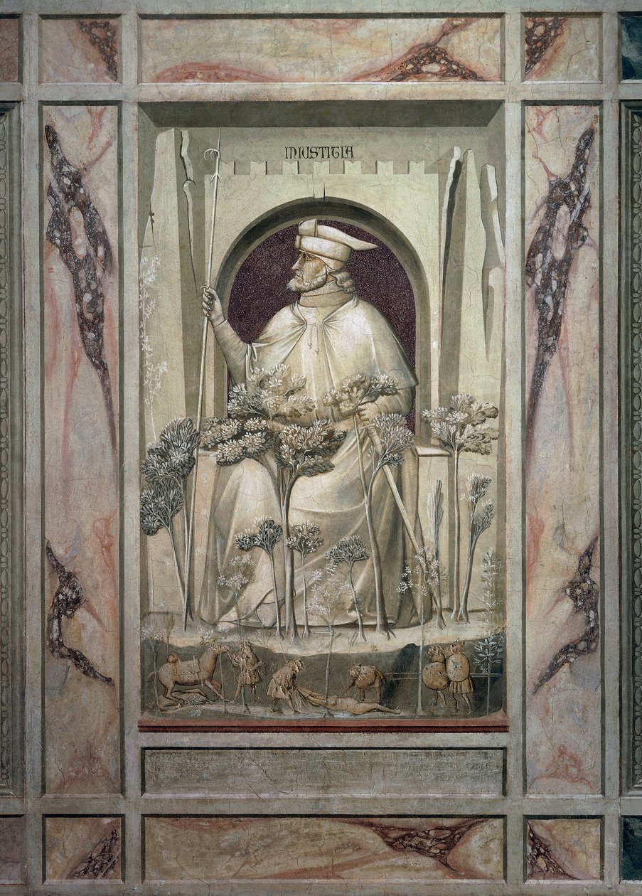 A Injustiça, um velho segurando uma espada em suas mãos enquanto diante dele as árvores do mal crescem, por Giotto, detalhe do ciclo de afrescos Os vícios e as virtudes, após a restauração em 2002, Scrovegni Chapel, Pádua, Vêneto, Itália. de Giotto (c.1266 1337)