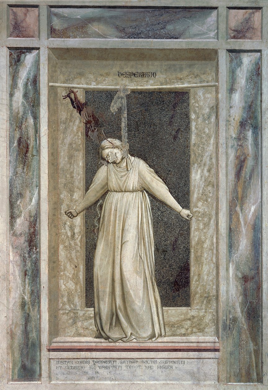 Desespero, figura feminina pendurada e diabo que a agarra pelos cabelos, de Giotto (1267-1337), detalhe do ciclo de afrescos Os vícios e as virtudes de Giotto (c.1266 1337)