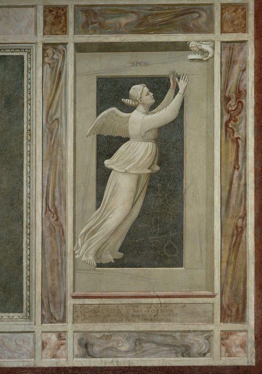 Esperança, figura feminina alada voando em direção a um anjo que a guiará ao céu, por Giotto (1267-1337), detalhe do ciclo de afrescos Os vícios e as virtudes de Giotto (c.1266 1337)