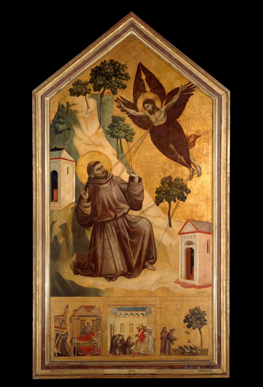 São Francisco de Assis recebendo os estigmas Tempera em madeira por Giotto di Bondone (1266-1337) por volta de 1300, Sol. 3,13 x 1,63 m. - Os estigmas de São Francisco. Tempera sobre madeira de Giotto di Bondone (1266-1337) por volta de 1295-1300. 3,13 x 1 de Giotto (c.1266 1337)