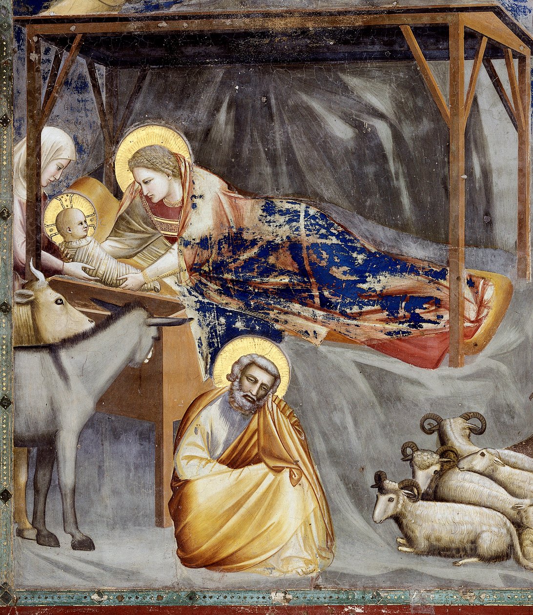 A Natividade, detalhe da Virgem e do Menino, o burro e José, detalhe de Giotto (c.1266 1337)