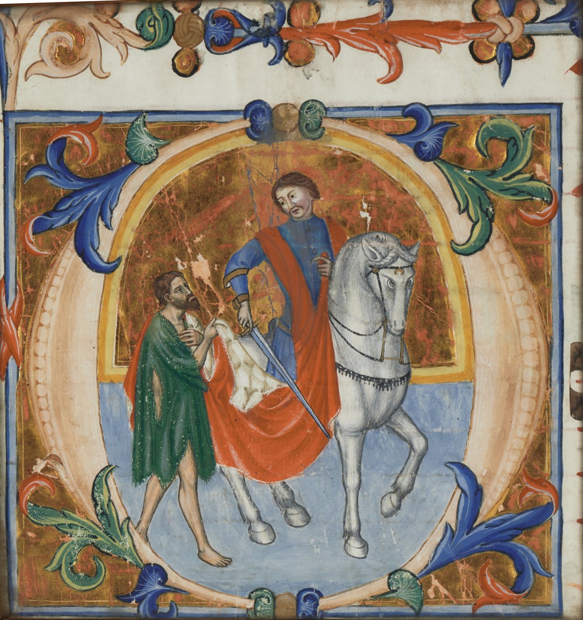 Uma miniatura iluminada de São Martinho dividindo seu manto (de um grande livro coral) de Giotto di Bondone (school of)