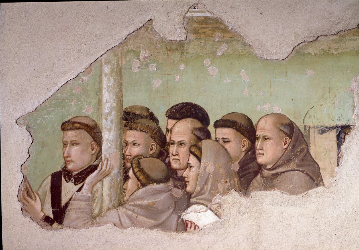 Episódio da vida de São Francisco de Assis: “” São Francisco aparece a Frei Agostino e a uma véspera ”” Detalhe representando um grupo de monges franciscanos. Fresco de Giotto da Bondone de Giotto di Bondone