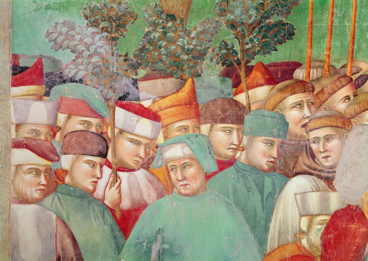 Santa Clara abraça o cadáver de São Francisco, detalhe da multidão à direita, 1297-99 (afresco) (detalhe de 63354) de Giotto di Bondone