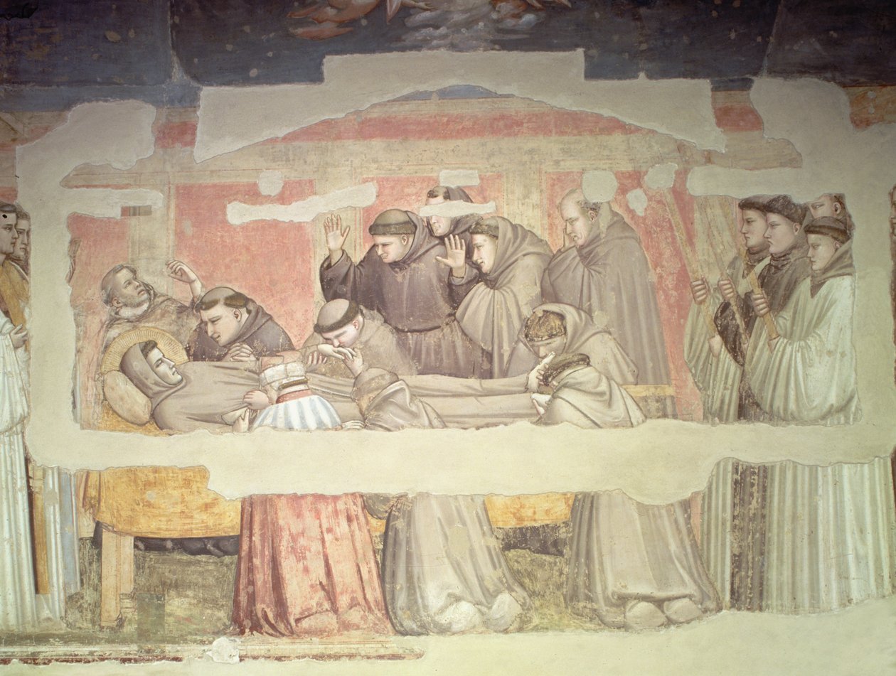 A morte de São Francisco, detalhe de bier e luto, do afresco da capela Bardi, ver também 63380, 63329, 99677 de Giotto di Bondone