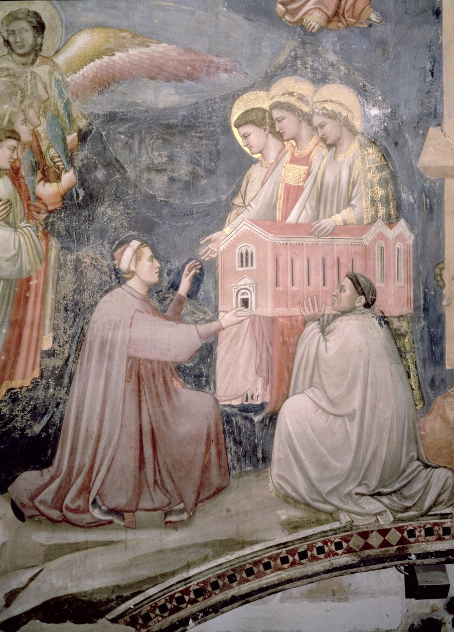 O último julgamento, detalhe do patrono Enrico Scrovegni apresentando um modelo da igreja, c.1305 detalhe afresco de 65227 de Giotto di Bondone