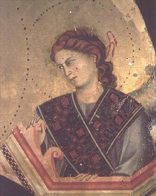 Anjo de Madonna e Criança Entronizada (detalhe de 66535) (ver também 66536, 66537 e 66539) (retábulo) de Giotto di Bondone