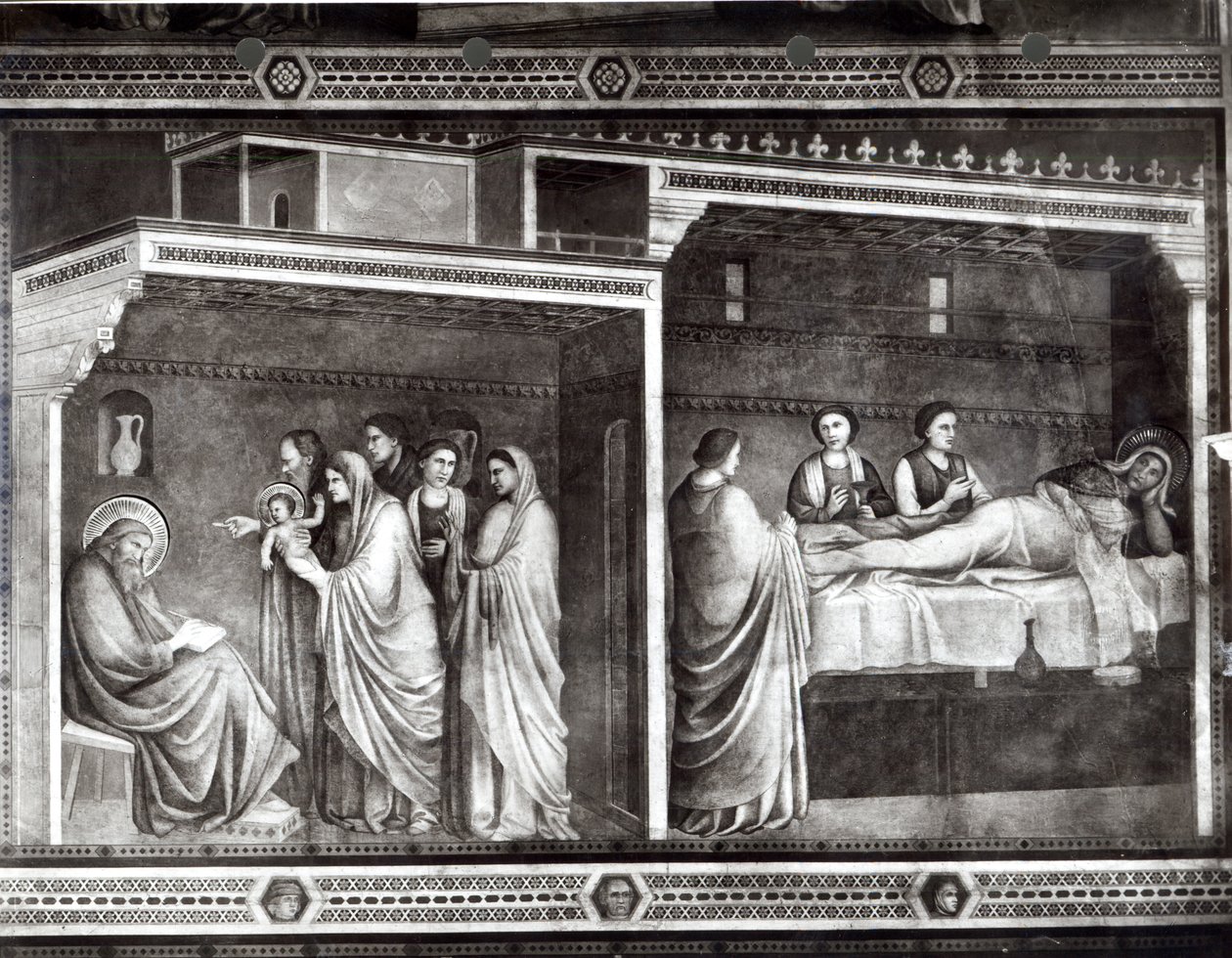 O nascimento de São João Batista e seu pai Zacarias escrevendo seu nome de Giotto di Bondone