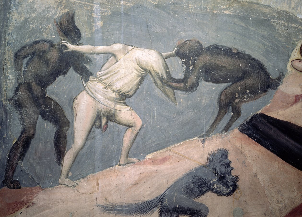O Juízo Final: Inferno, detalhe de um dos malditos tomados por dois demônios, c.1303-05 de Giotto di Bondone