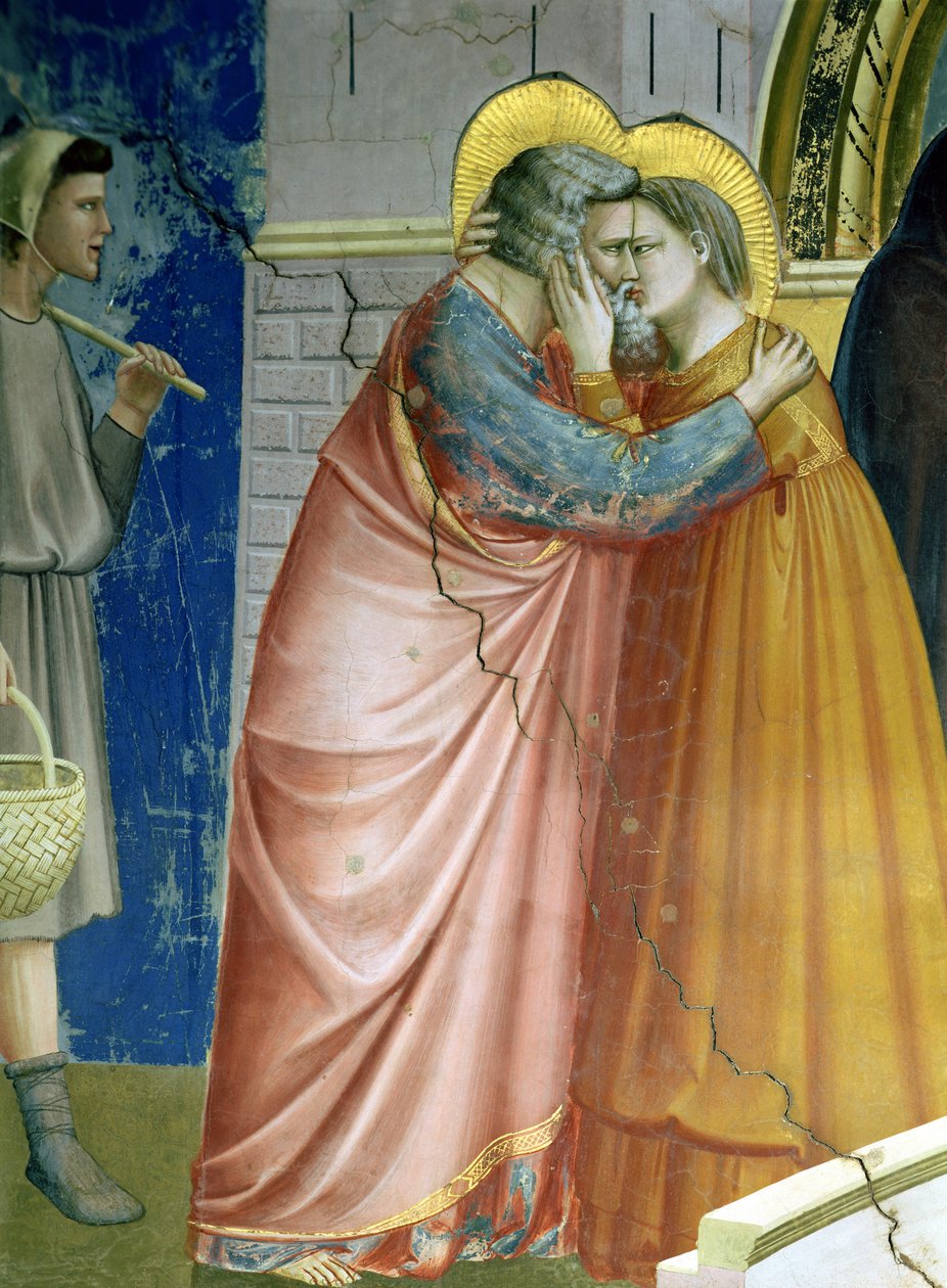 O Encontro no Portão Dourado, detalhe de Joaquim e Santa Ana abraçando, c.1305 (detalhe de 65216) de Giotto di Bondone