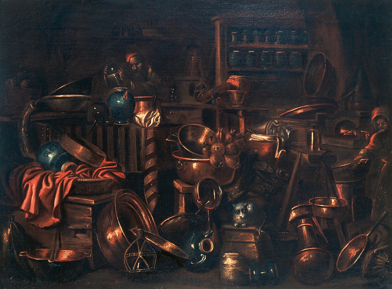 Laboratório do alquimista, pintura de Gian Domenico Valentino (1630-1708), Itália de Giovan Domenico Valentino