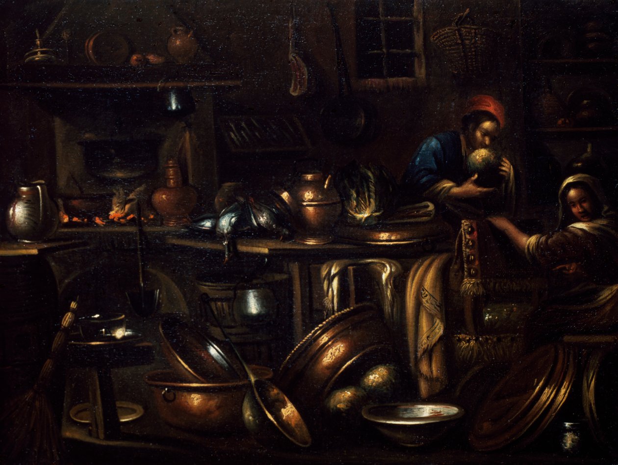 Interior da cozinha, pintura de Gian Domenico Valentino (1639-1715), Itália de Giovan Domenico Valentino