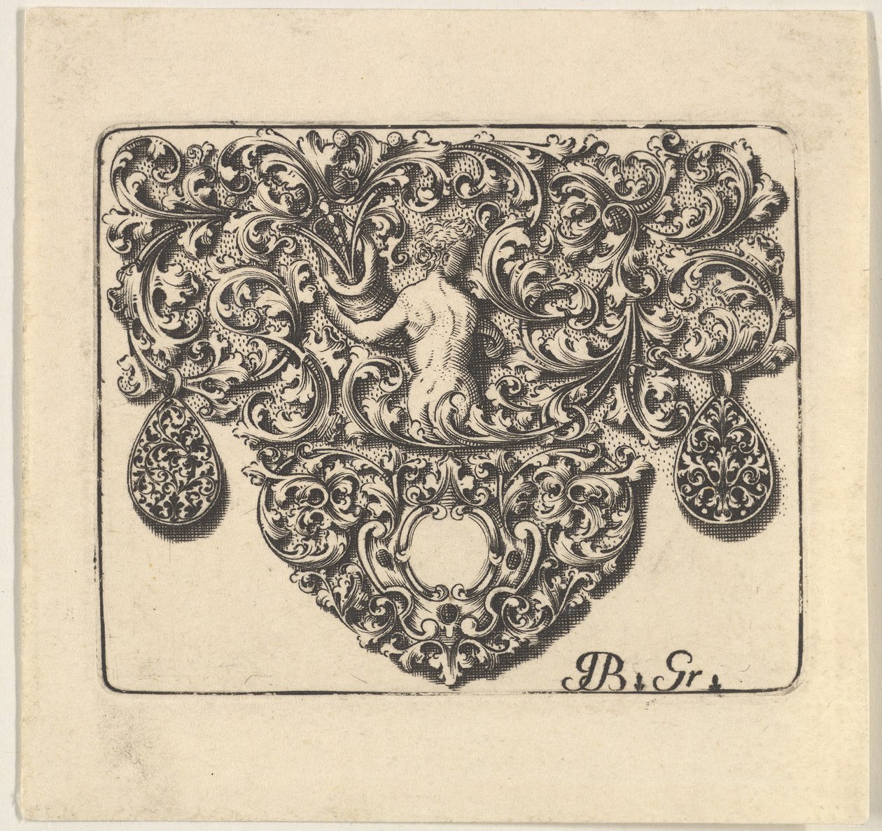 Ornamento de ourives com um jovem segurando uma cornucópia, 1709. de Giovani Battista Grondoni