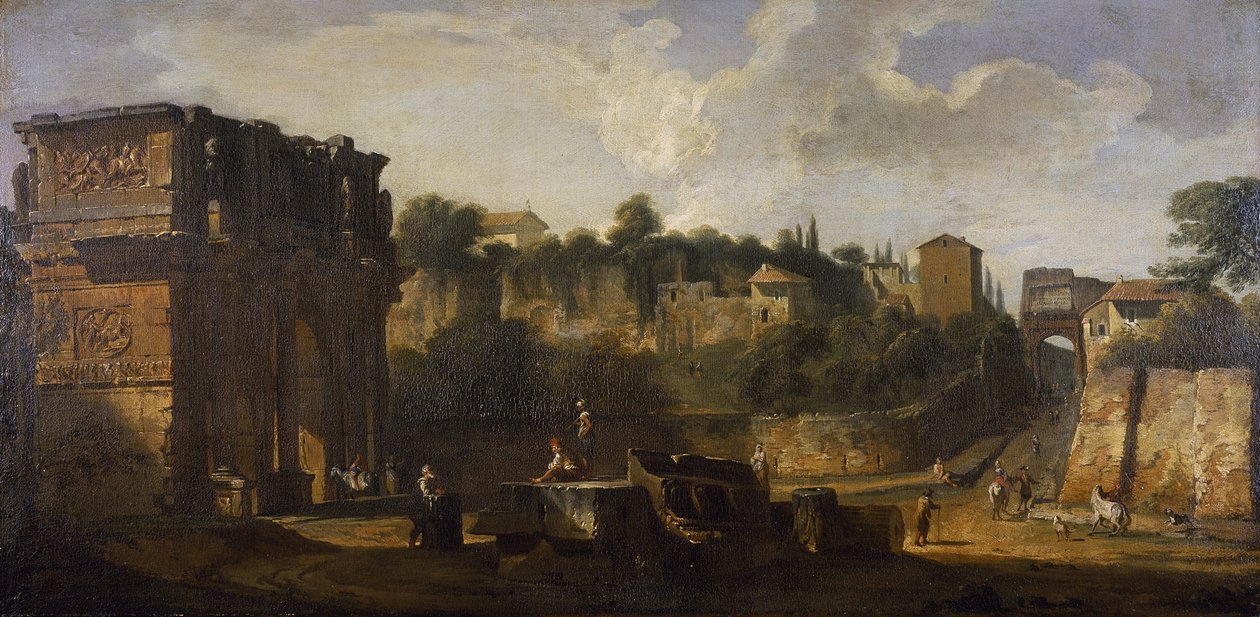 Uma vista dos Arcos de Constantino e de Tito, Roma (óleo sobre tela) de Giovani Paolo (attr. to) Panini