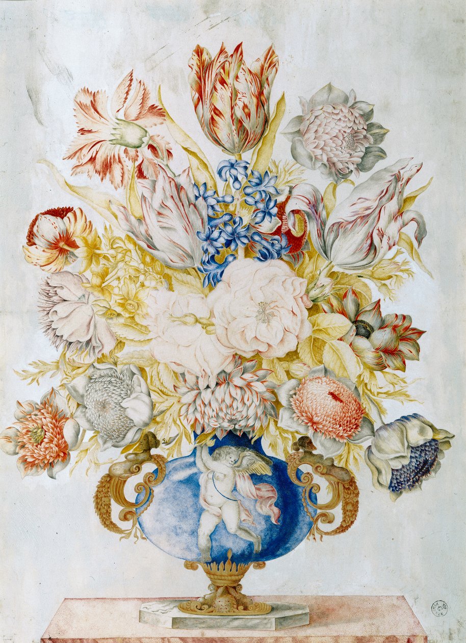 Vaso de cristal azul profundo com um monte de flores (wc) de Giovanna Garzoni
