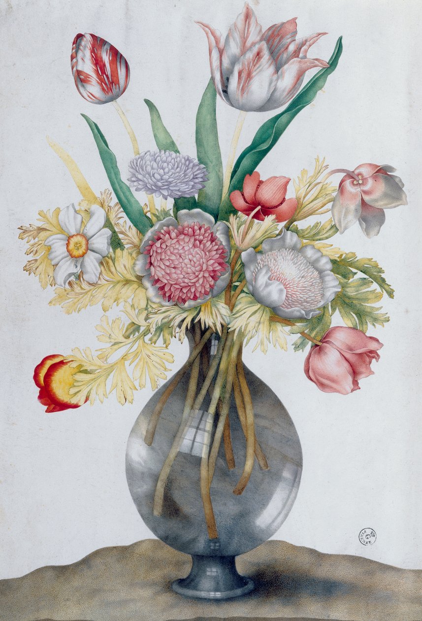 Vaso de vidro com um monte de flores (wc) de Giovanna Garzoni