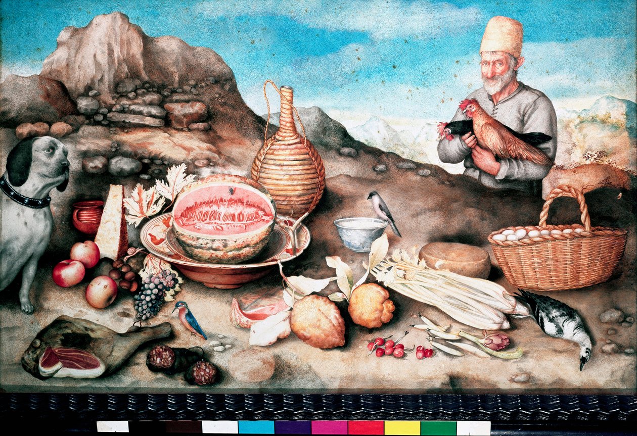Natureza morta Peixe, melão, presunto, alcachofra, celeris, caça. Quadro de Giovanna Garzoni de Giovanna Garzoni