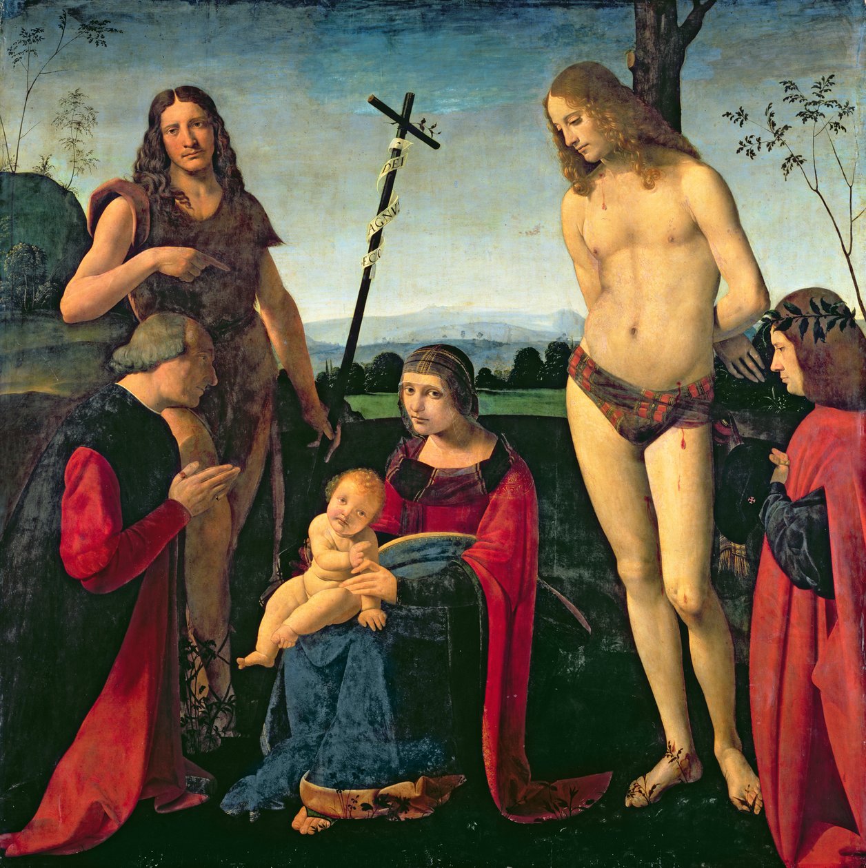 Madonna e criança com SS. João Batista e Sebastian Entre Dois Doadores, c.1500 de Giovanni Antonio Boltraffio