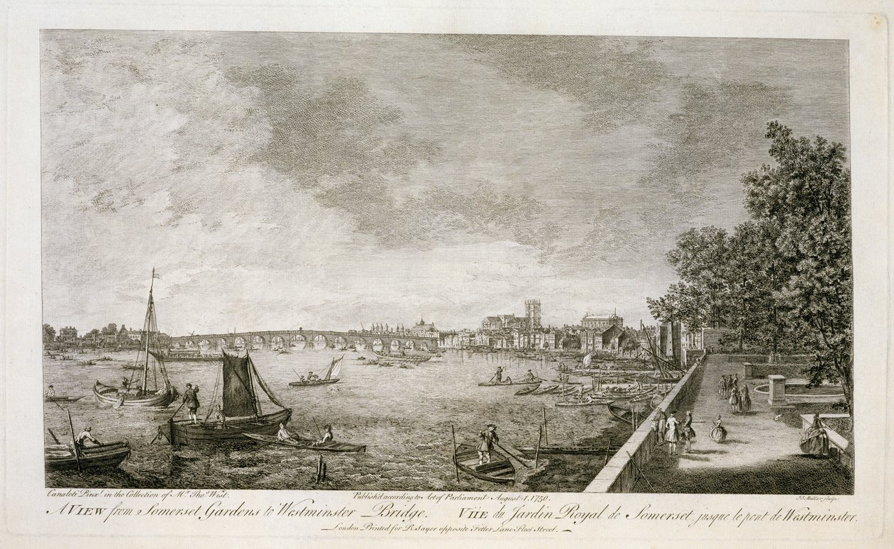 Uma vista dos jardins de Somerset para a ponte de Westminster, gravada por Johann Sebastian Mueller (c.1715-92) 1750 (ver 111929) de Giovanni Antonio Canal