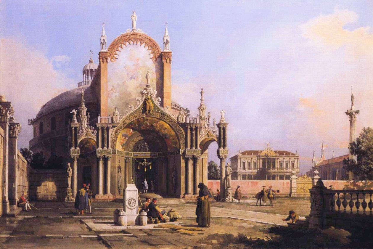 Capricho de uma igreja redonda com um pórtico gótico elaborado em uma praça, uma Piazza Palladian e uma igreja gótica Beyond.JPG de Giovanni Antonio Canal