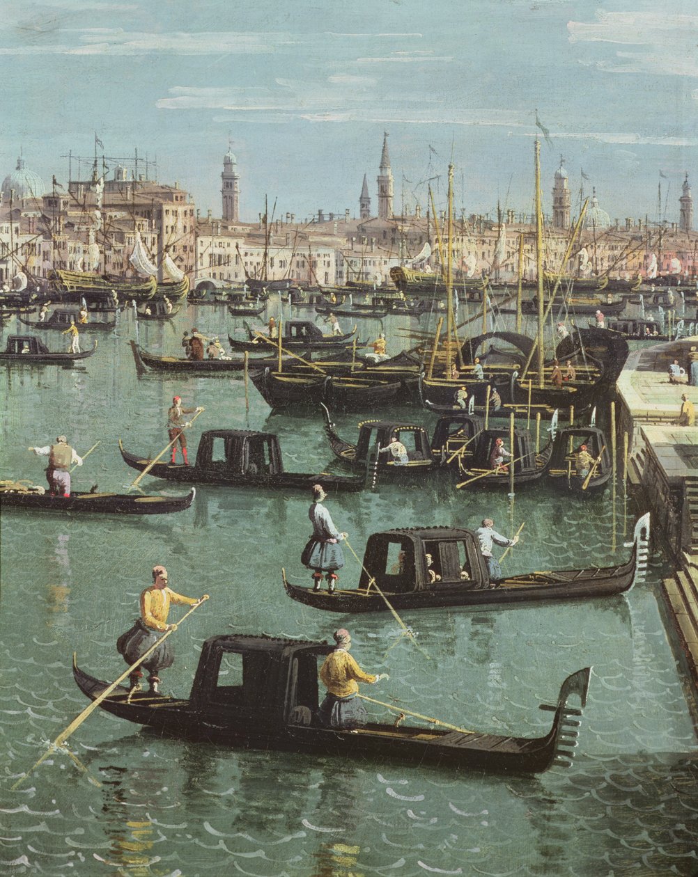 Gondoleiros perto da entrada do Grande Canal e da igreja de Santa Maria della Salute, Veneza (detalhe de 156534) de Giovanni Antonio Canal
