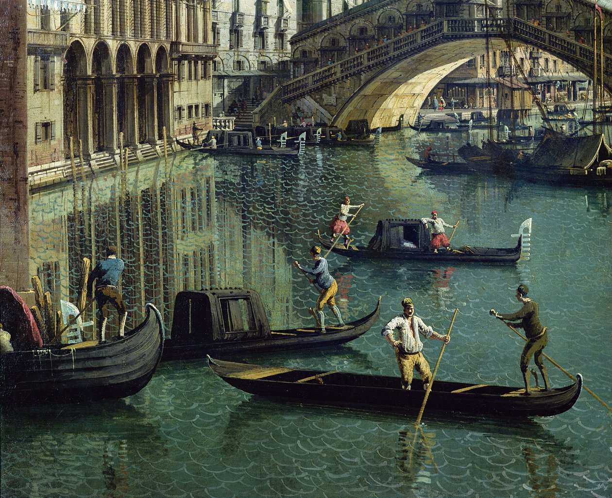 Gondoleiros perto da ponte de Rialto, Veneza (detalhe de 155335) de Giovanni Antonio Canal