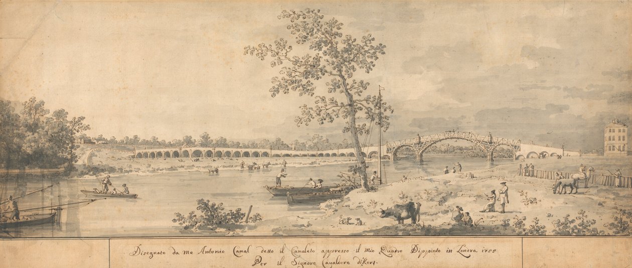 Old Walton Bridge visto da costa de Middlesex de Giovanni Antonio Canal