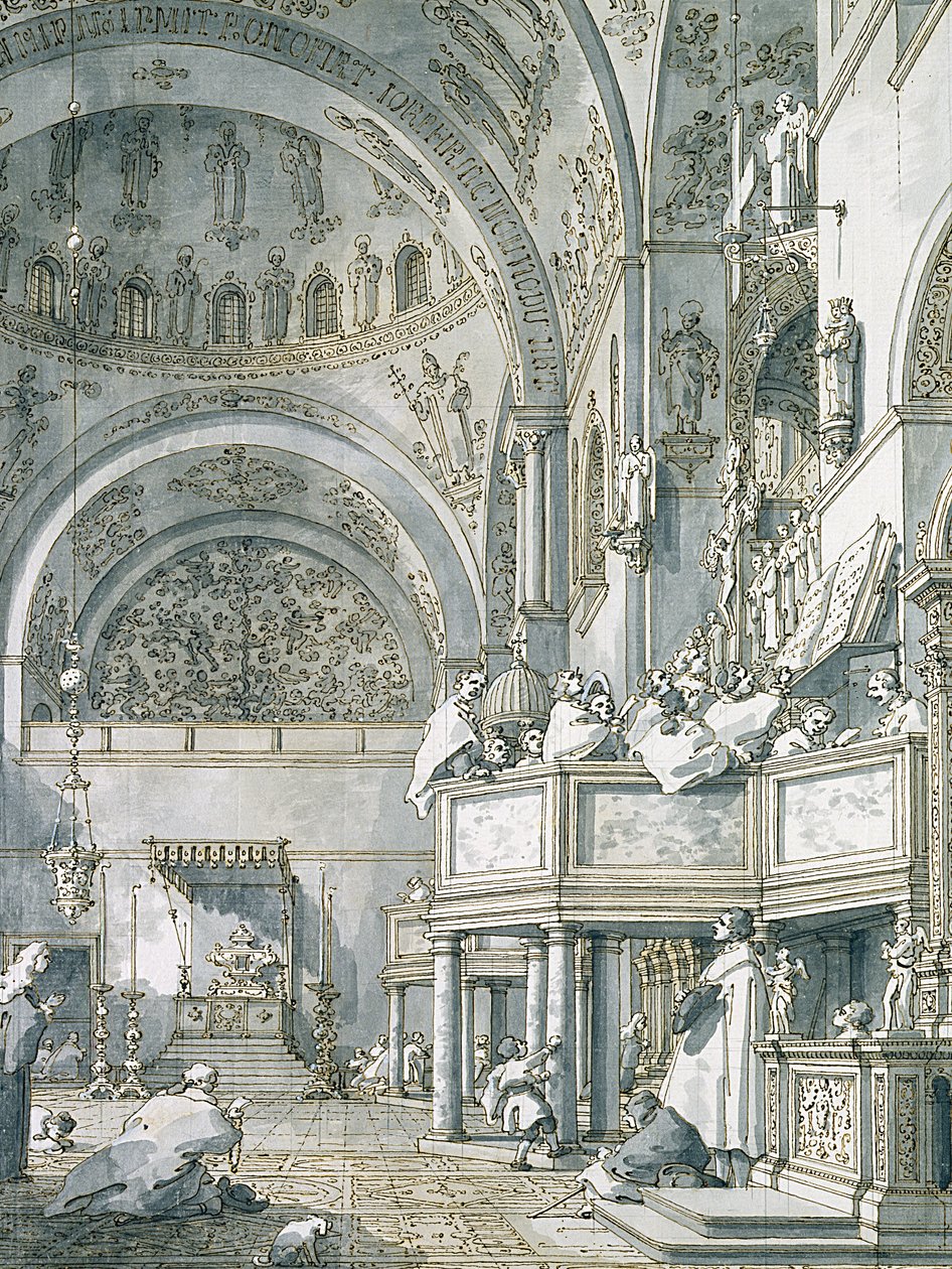 O Coro Cantando na Basílica de São Marcos, Veneza, 1766 (caneta, tinta e papel) de Giovanni Antonio Canal