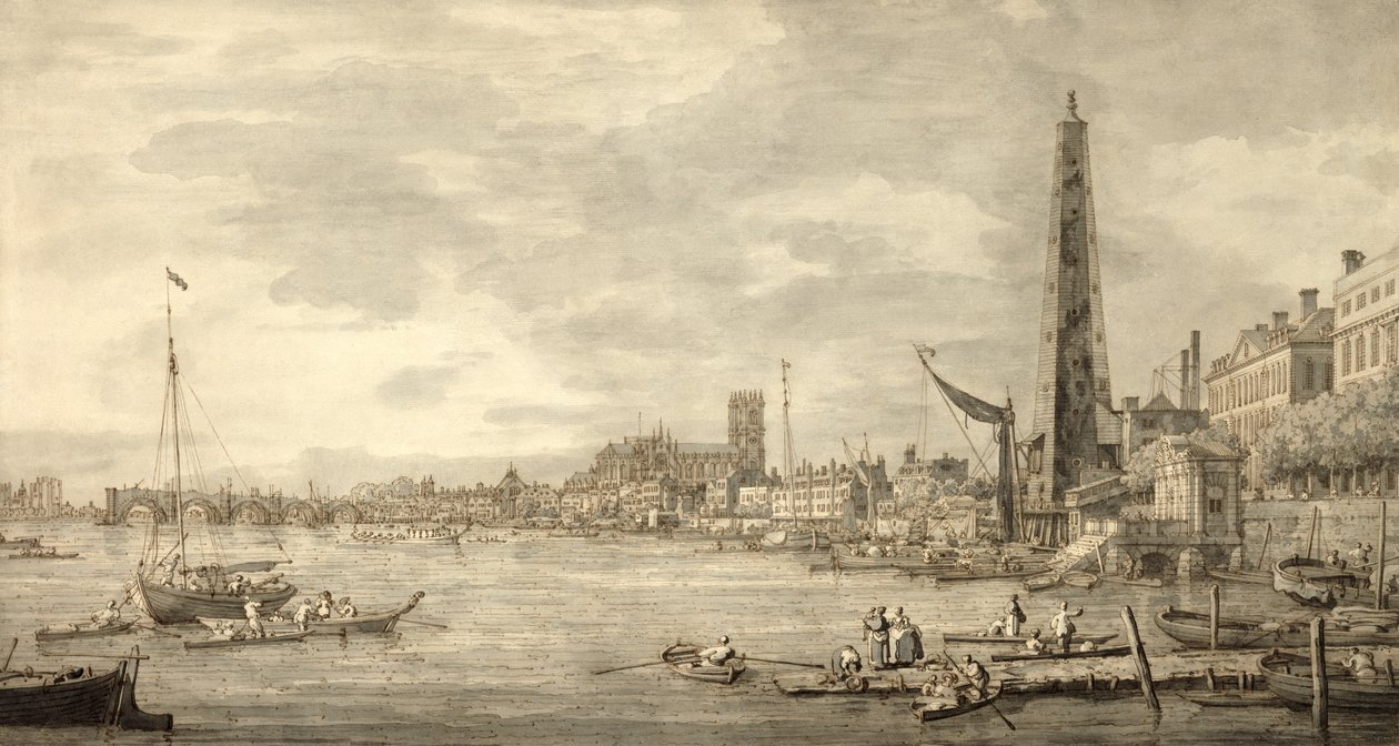O Tamisa Olhando em direção a Westminster, perto da York Water Gate (caneta e tinta marrom com cinza no papel) de Giovanni Antonio Canal