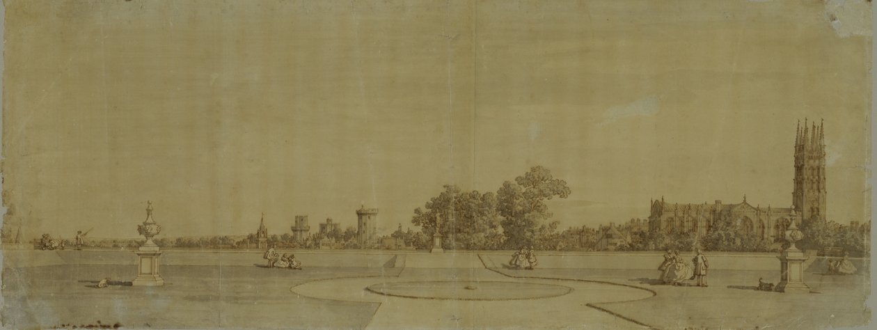 Warwick: A cidade e o castelo dos Jardins do Priorado (caneta e tinta marrom sobre grafite) de Giovanni Antonio Canal