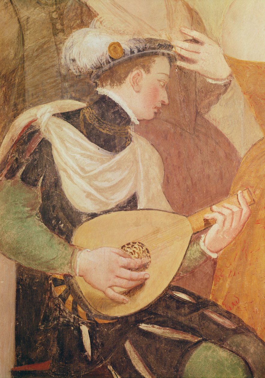 Convite para a dança, detalhe de um músico, 1570 afresco de Giovanni Antonio Fasolo