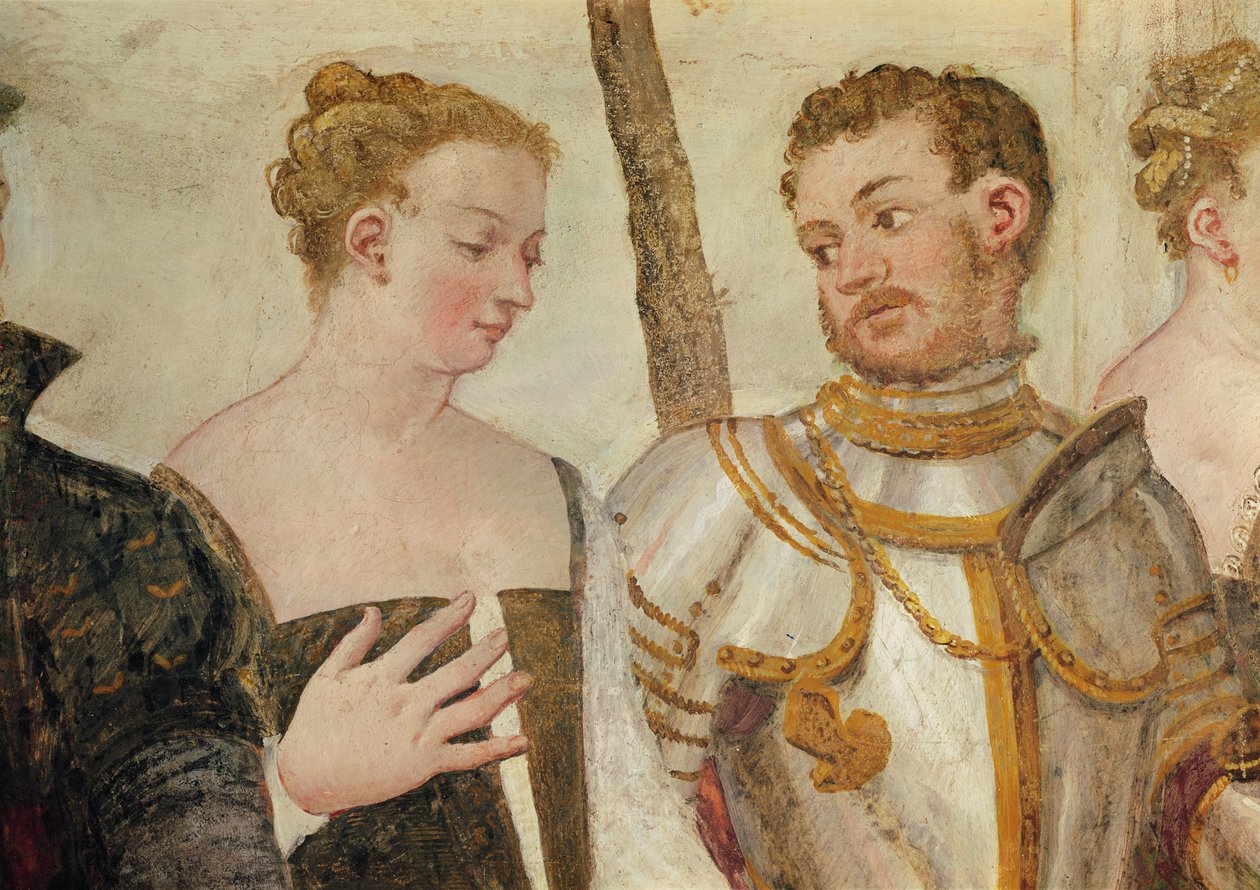 Convite para a dança, detalhe de duas cabeças, 1570 afresco de Giovanni Antonio Fasolo
