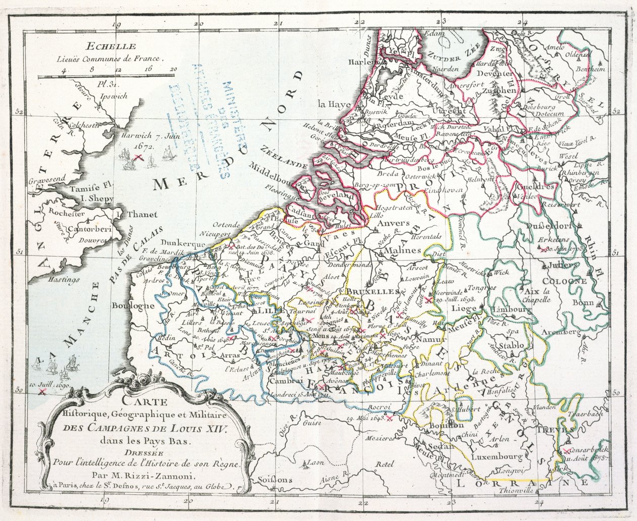 Mapa mostrando as campanhas militares de Luís XIV nos Países Baixos, de Atlas géographique et militaire, publicado em Paris, 1763 (gravura a cores) de Giovanni Antonio Rizzi Zannoni