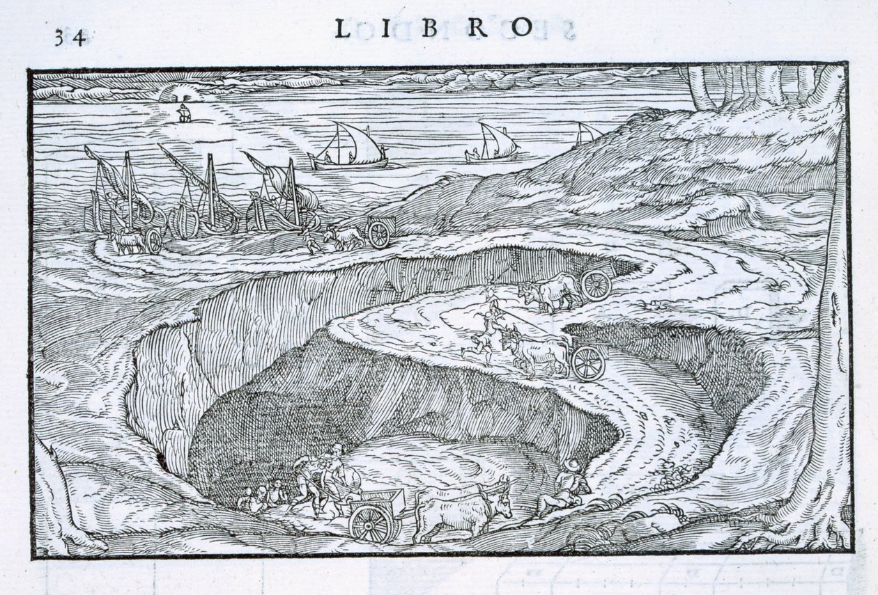 Mover material de construção da pedreira para navios, de &39;Della Architettura&39;, publicado em 1590 de Giovanni Antonio Rusconi