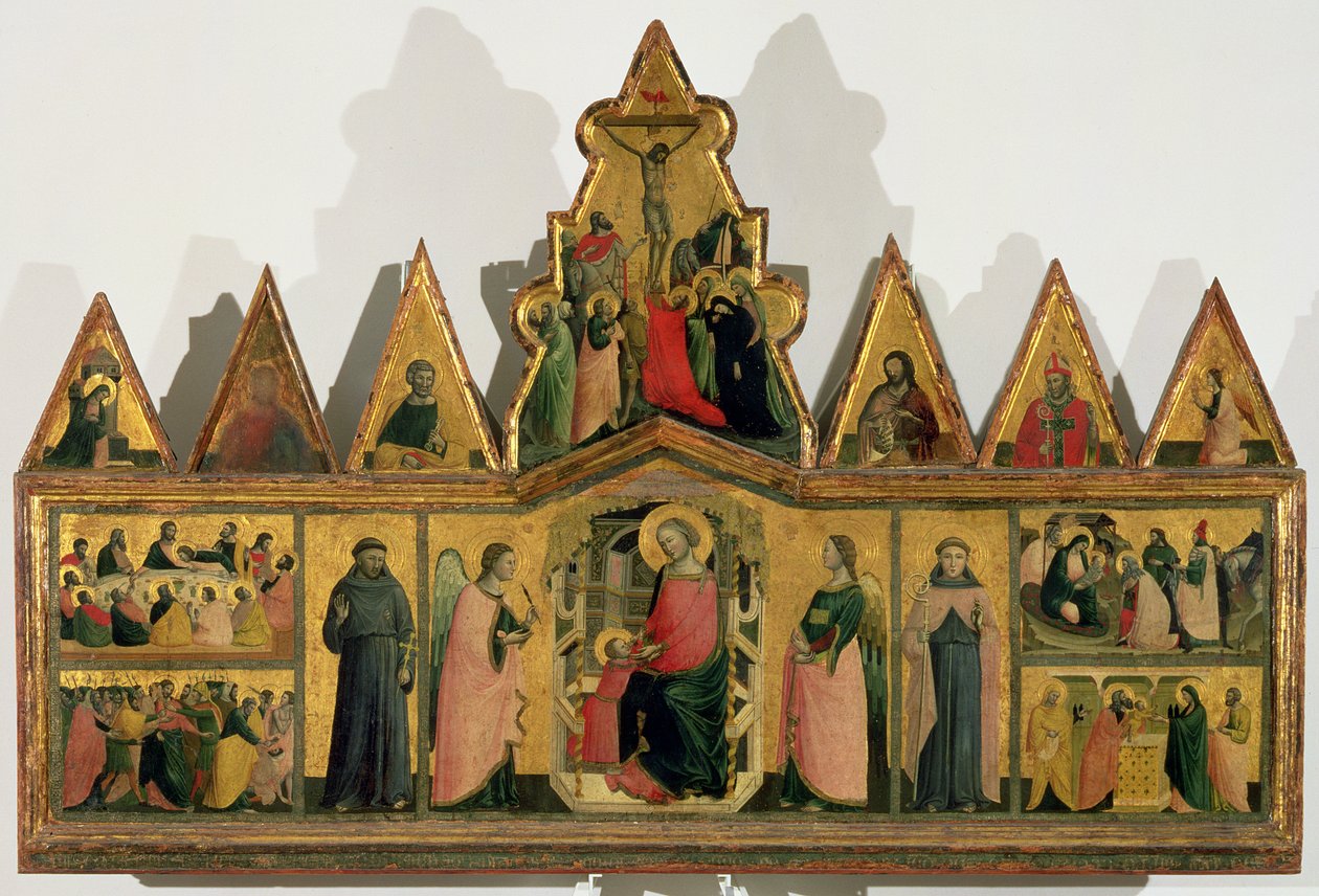 Polyptych: painel central representando a Madonna e Criança Enthroned com anjos e santos cercados por painéis retratando cenas da vida de Cristo, frontões triangulares retratando santos, anjos e de Giovanni Baronzio da Rimini