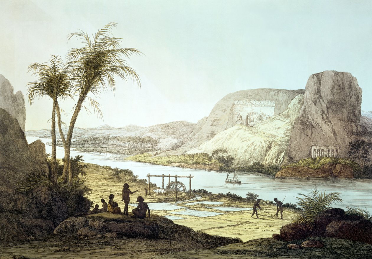 Vista dos templos em Abu Simbel, Nubia, gravada por Agostinho Aglio (1777-1857) de Giovanni Battista Belzoni
