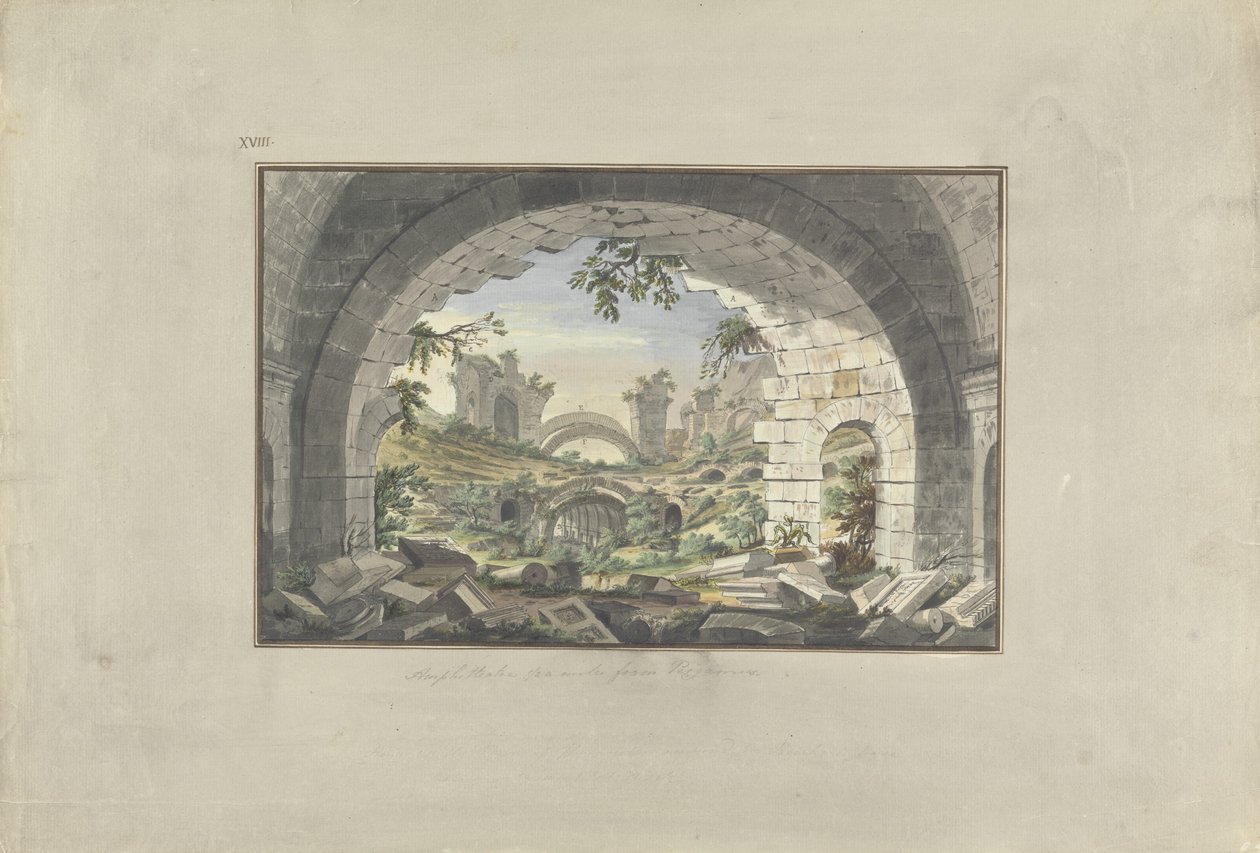 Ruínas em Pergamon, provavelmente do Anfiteatro, c.1750 (wc com caneta e tinta sobre grafite sobre papel) de Giovanni Battista Borra