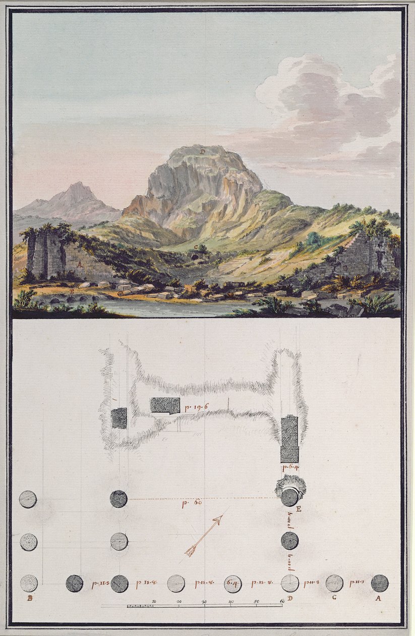 Vista do Teatro de Sardes e um plano do Templo Ionic em Sardes, c.1750 (caneta e tinta, aquarela, lavagem, guache e lápis sobre papel) de Giovanni Battista Borra